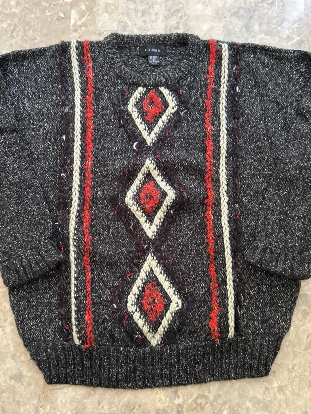 Vintage 1990s COS Geometric Knit Sweater XL Black Red Cream 24x28